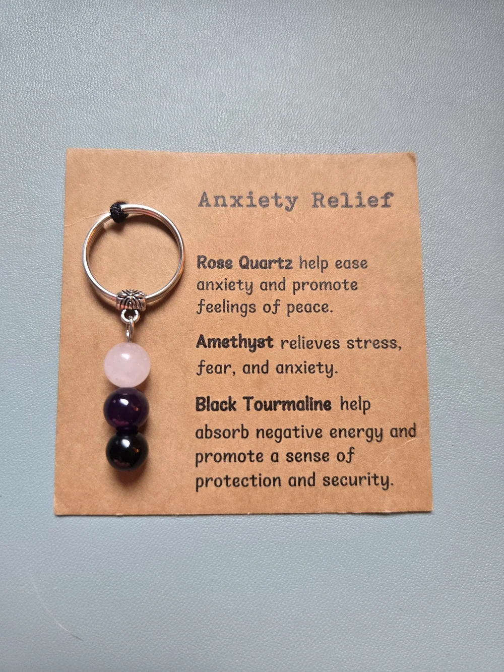 Anxiety Relief Gemstone Keyring with Rose Quartz, Amethyst & Black Tourmaline